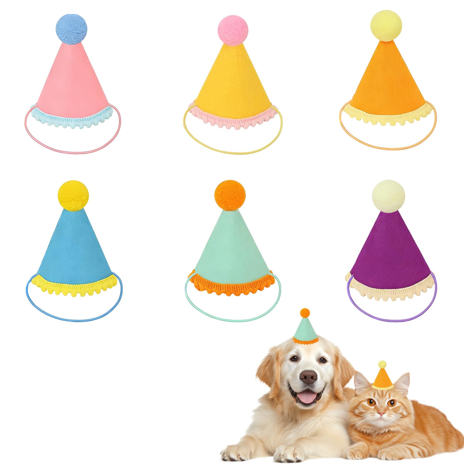 Mini Colorful Pet Birthday Hats with Pom Pom for Animals, 6 Pcs
