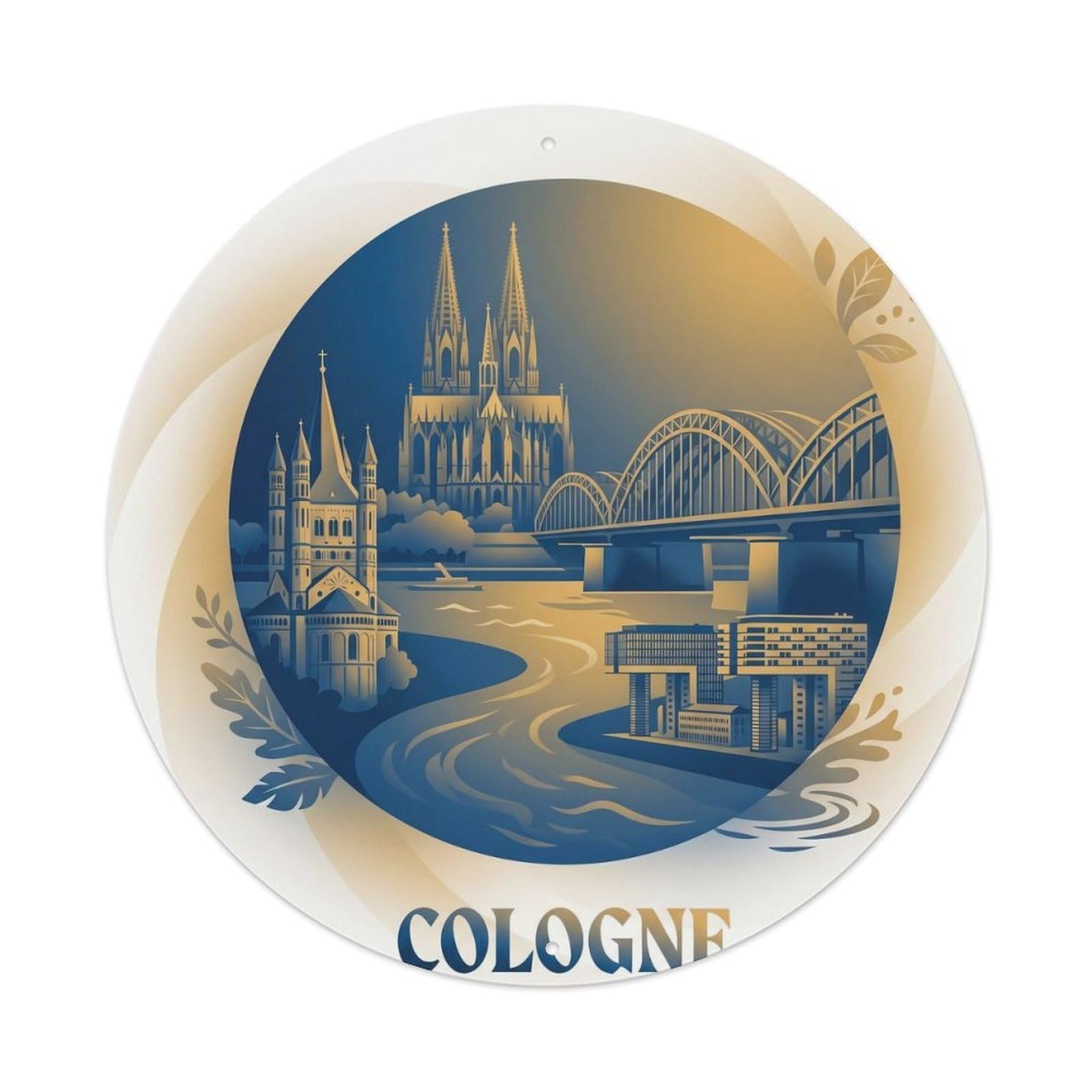 Cologne Cathedral Rhine Blue Gold Travel Map Duotone Metal Tin Sign Plaque Wall Decor for Cafe, Man Cave, Club Bar, Office, Home Garden Round Metal Poster 8x8Inch