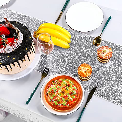 Image of Irenare 2 Pcs White and Silver Tablecloth and Sequin Table Runner Set Polka Dots Confetti Table Cover Dining Plastic Tablecloths Glitter Decorations for Birthday Wedding Anniversary Party Supplies