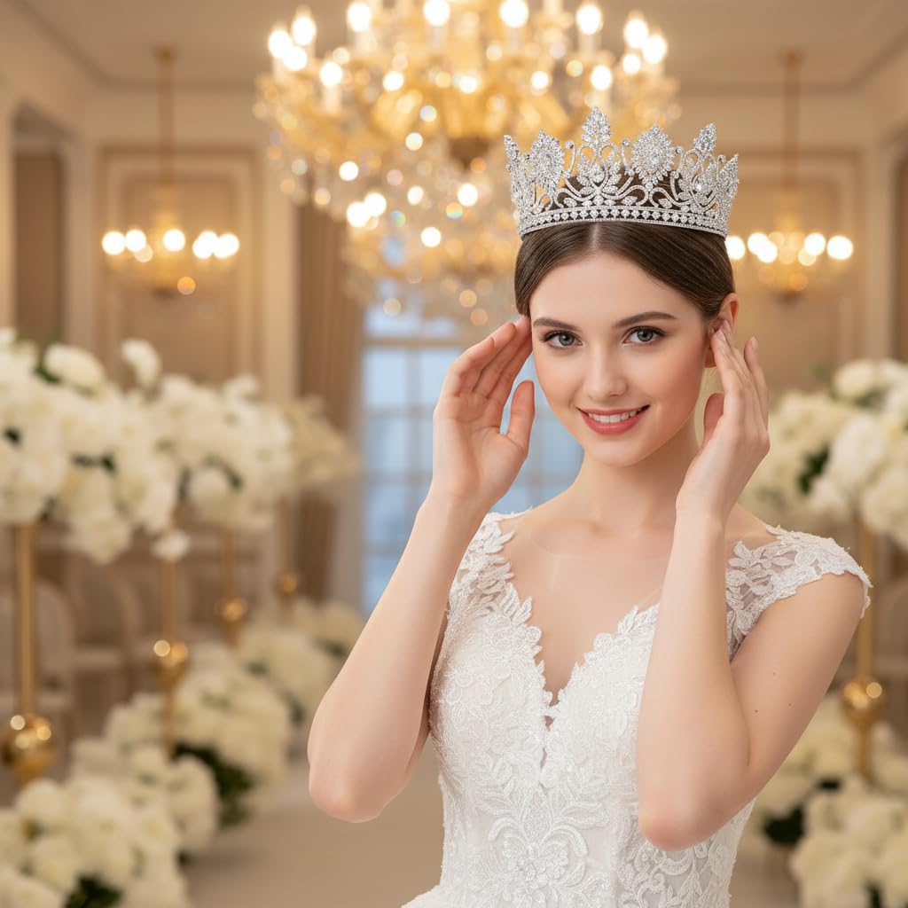 QXMYOO Tiaras y coronas grandes de lujo para boda, corona de concurso de concurso de concurso, tiara alta para novia, plata, oro, flor de sol, circonita cúbica, cumpleaños, graduación, fiesta, tocado
