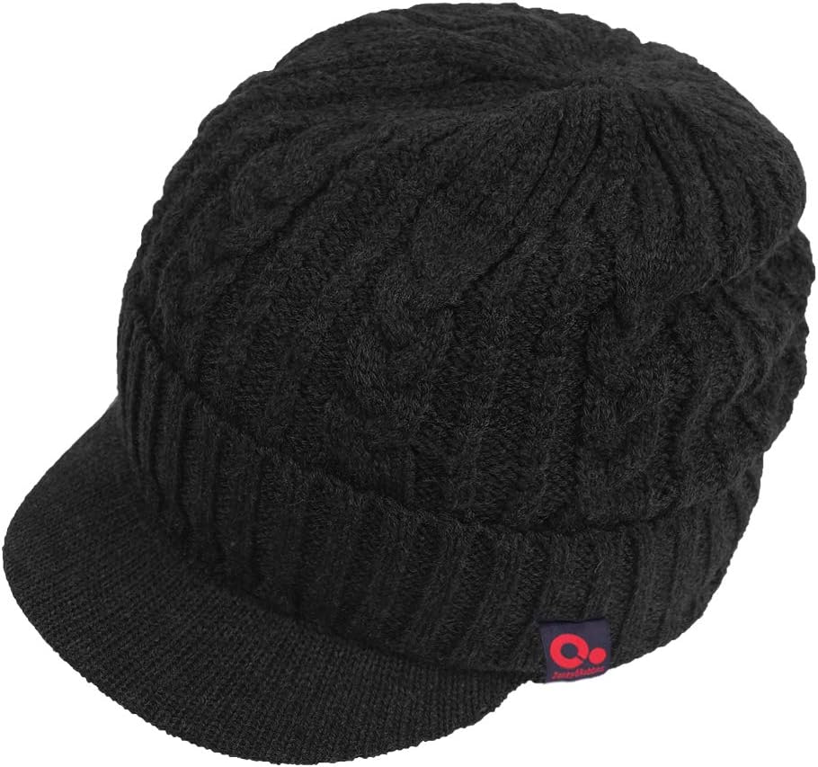 Original One Men Sports Winter Cable Knit Visor Brim Beanie Hat with Bill Fleece Lined Baseball Cap (Black)