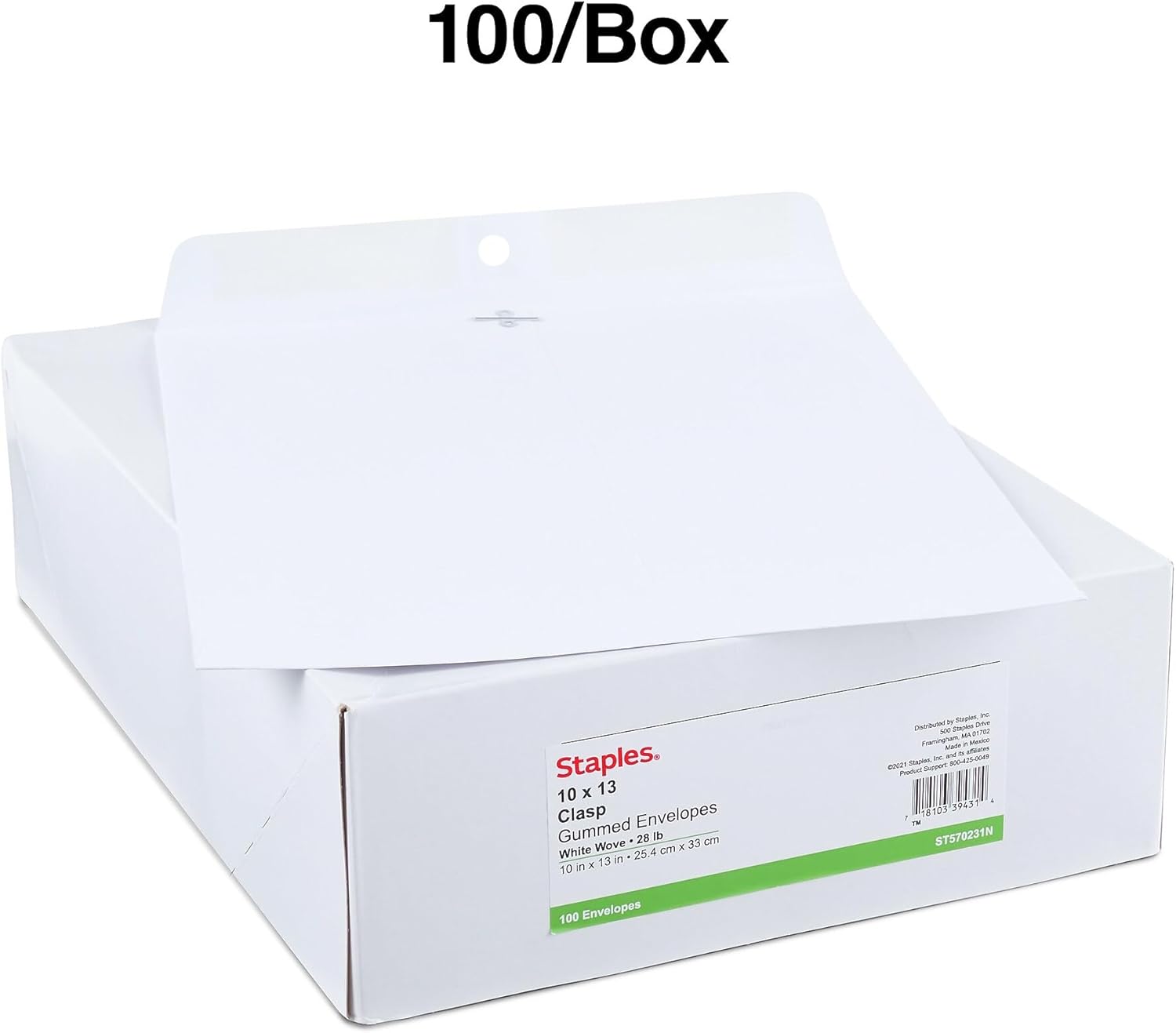 Staples 10 x 13 White Wove Clasp & Gummed Catalog Envelopes, Metal Clasp Closure, Durable Large Mailing Envelopes, 100/Box
