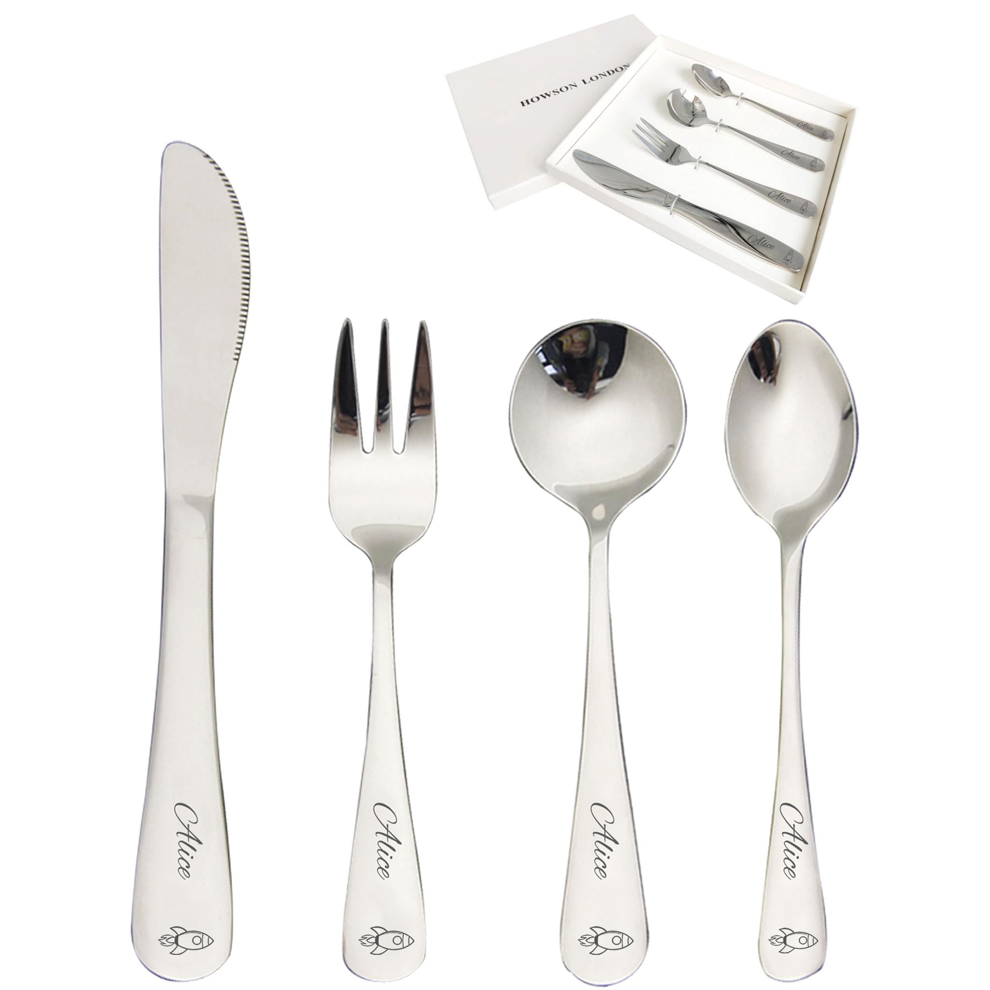 Personalized Cutlery Set for Kids Children Toddler Cutlery 4pcs Engraved Knife Fork Spoon Stainless Steel Cutlery Set Christening Christmas Gifts for Boy Kids Girls Cutlery Gifts (Rocket)