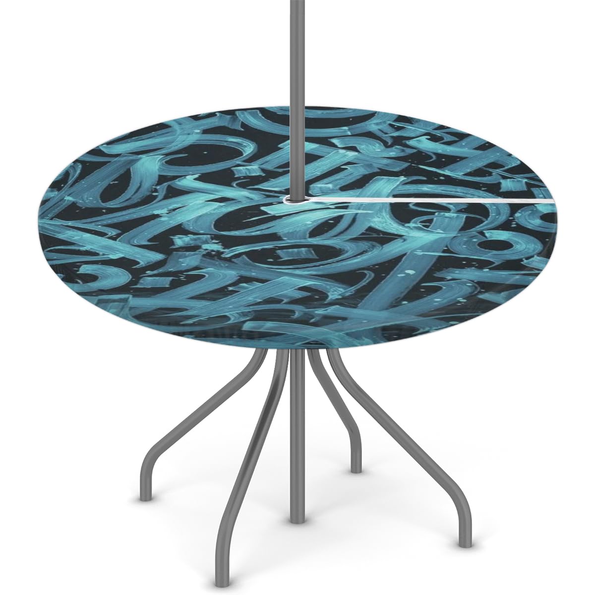 XMNYGJ Blue Line Art Round Fitted Tablecloth with Umbrella Hole Zipper for Patio Picnic Tables Elastic Outdoor Table Cover Waterproof and Stain Resistant 45-56 Inch