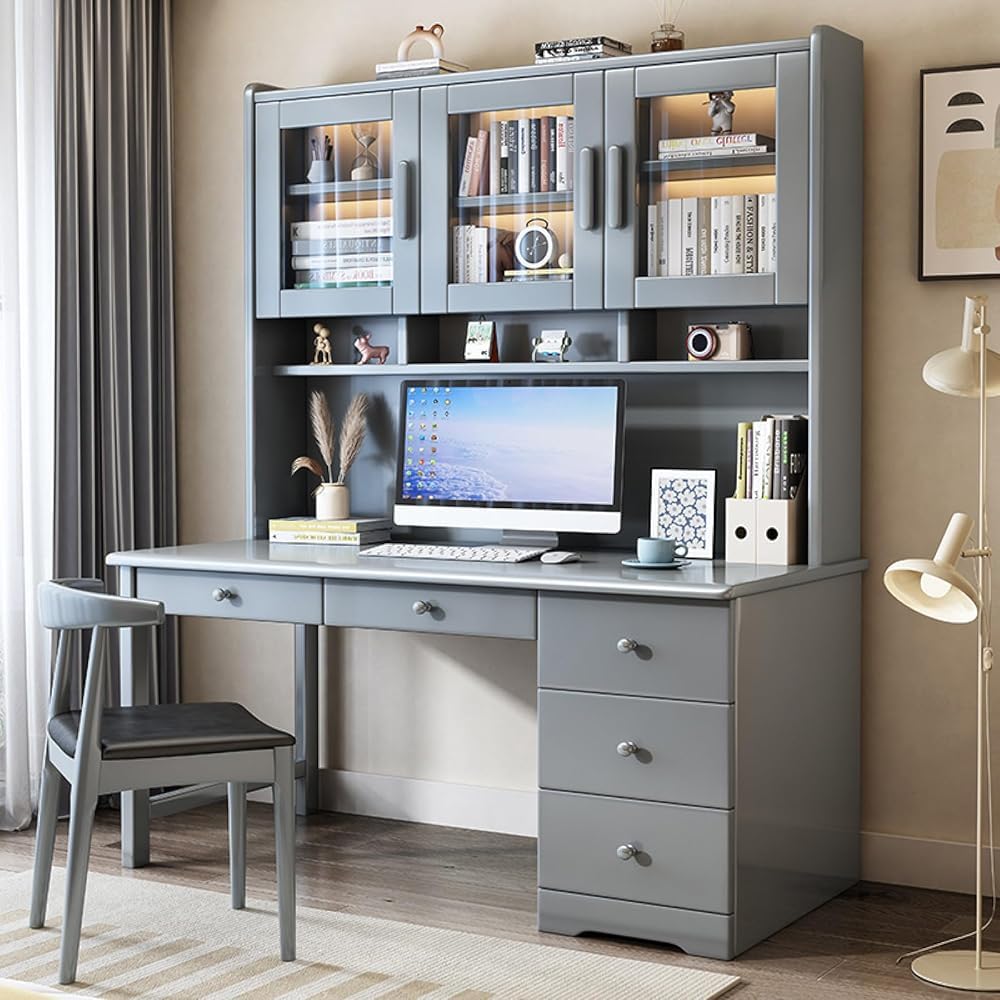 Wdsopk Gray1 Modern Home Office Desk With Hutch, Study Table Workstation With Drawers & Glass Door, Perfect For Small Spaces, Ideal Study Writing Desk（-120 * 60 * 186Cm）