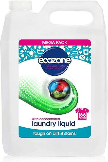 EcoZone Ultra Concentrated Biological Laundry Liquid, Bio Detergent, Washing Machine Powerful Clothing Stain Removal & Cleaning, Natural Vegan, Non Toxic, Eco Friendly, Gentle on Skin, 166 washes (5L)