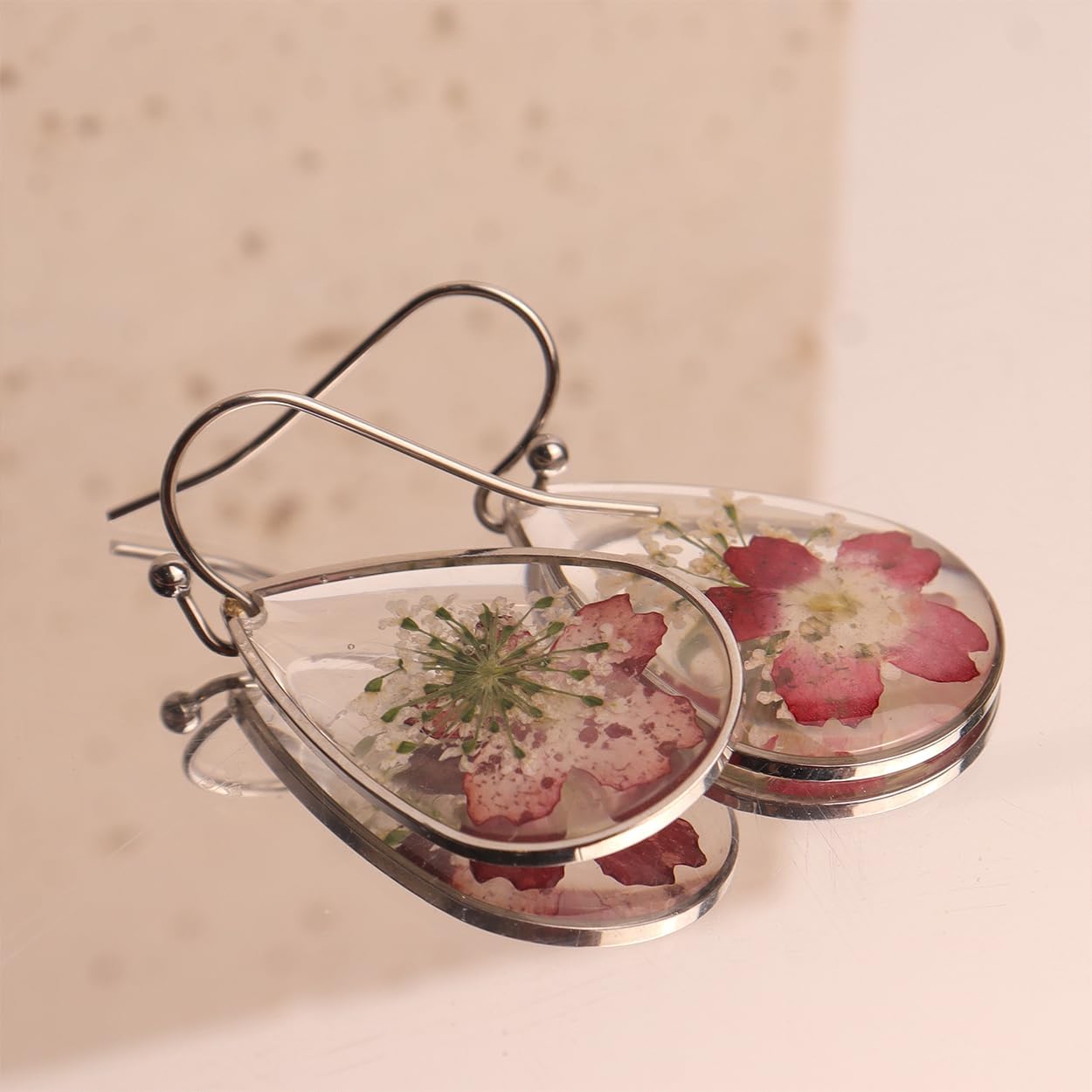 Jean Beau 925 Sterling Silver Pressed Flower Earrings for Women, Handmade Hypoallergenic Resin Dried Flower Teardrop Dangle Earrings, Nature Floral Jewelry Gift for Mom and Wife - Image 8