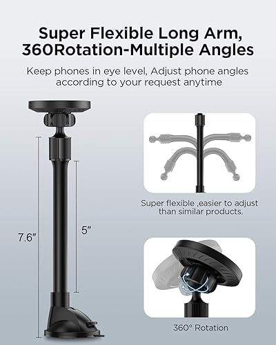 Miniatura 6 de IPOW Soporte magnético universal de brazo largo para parabrisas, soporte para teléfono celular compatible con MagSafe, brazo de ganso suave y firme