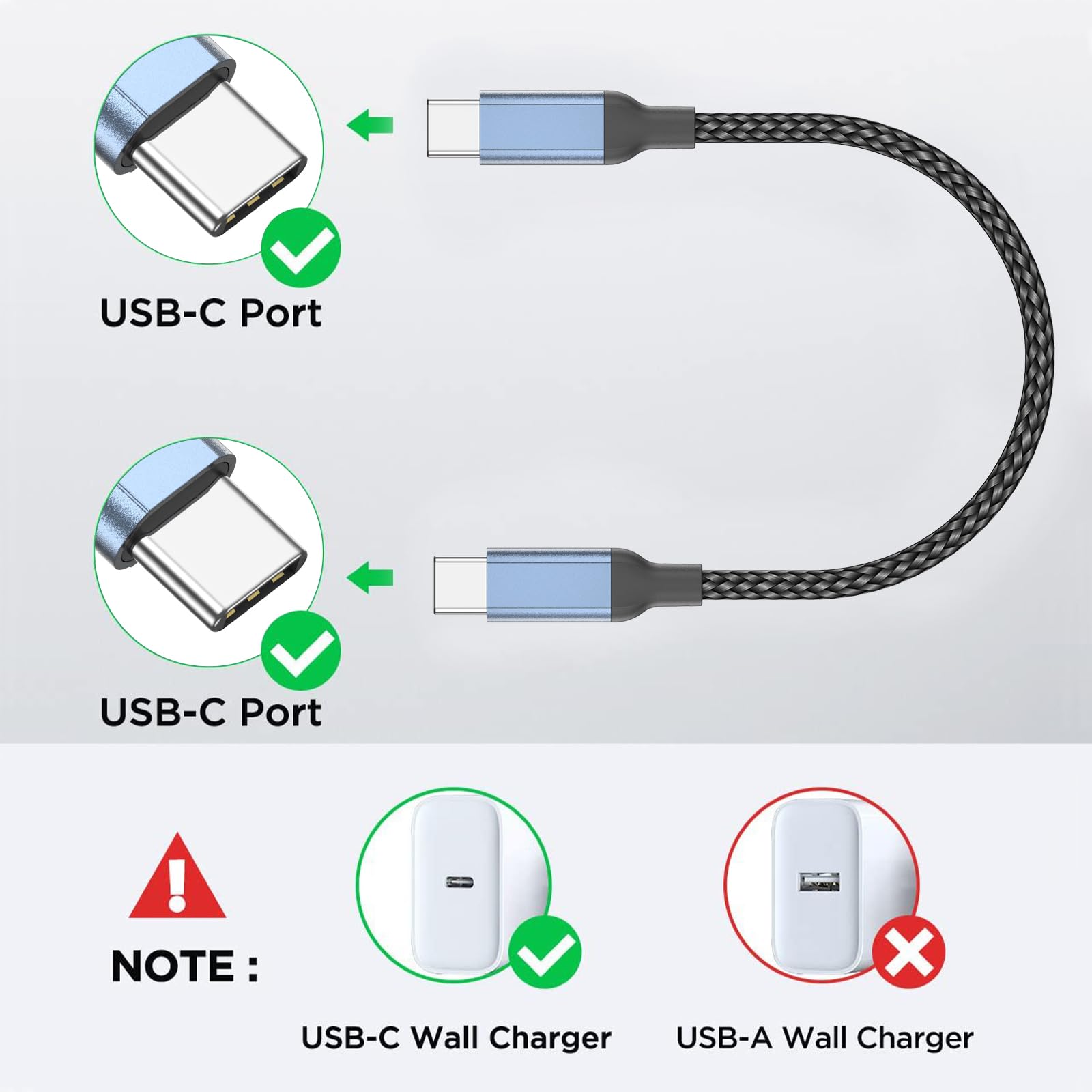 6 Inch USB-C Cable - Fast Charging & Data Sync, Nylon Braided (Gray)