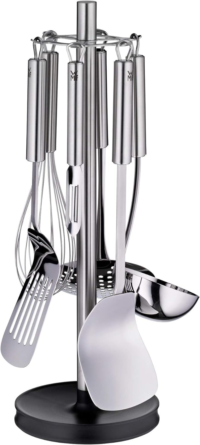 WMF Profi Plus Küchenhelfer Set 7-teilig, Ständer mit 6 Helfern, Schöpflöffel, Schaumlöffel, Wokwender & Gourmet Glas Messbecher 1l, hitzebeständiges Glas, Skalierung für Liter, Milliliter