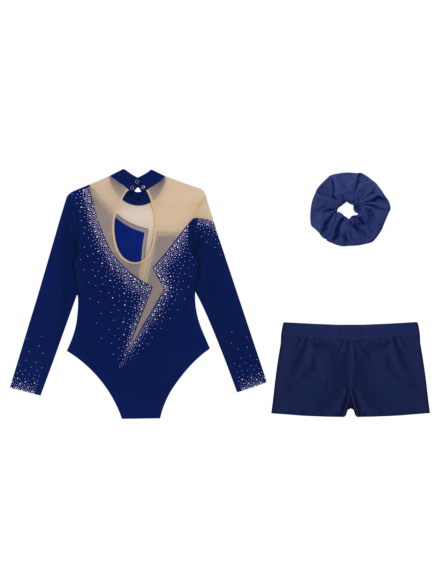 Alvivi Mädchen Turnanzug Glitzer Gymnastikanzug Langarm Gymnastik Leotard mit Kurze Hose Haarband Gymnastikbody Turntrikot Gymnastik Kleidung