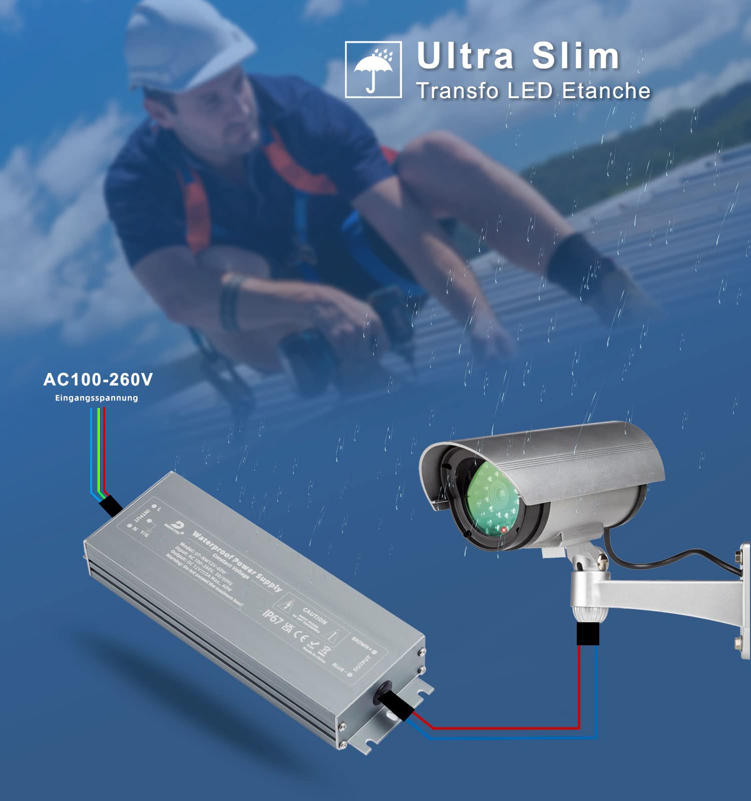 DUSKTEC Transformateur 220V 12V LED 60W Driver, Alimentation 5A Étanche IP67, Transfo AC à DC, Pilote Basse Tension à Tension Constante pour CCTV Ampoule à Bande Lumineuse MR16 G4