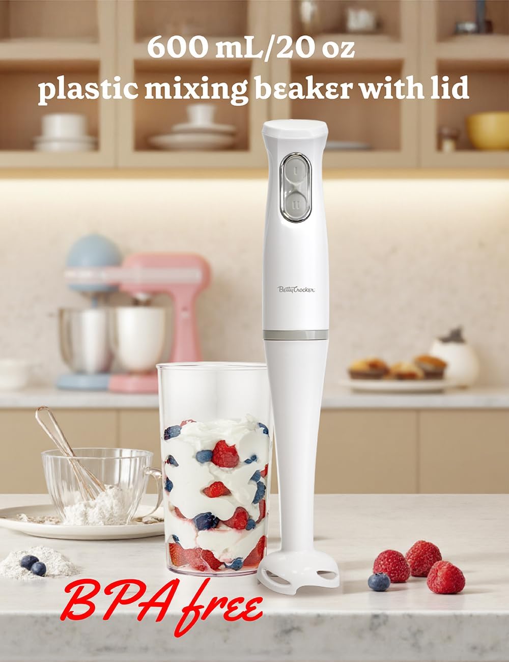 Betty Crocker 2-Speed Hand Blender with 20-Ounce Mixing Beaker, Immersion Blender, 300W Motor 450W Peak Power, Soft-Touch Pulse Control, Stainless Steel Blade, BPA Free, BC-4307W, White