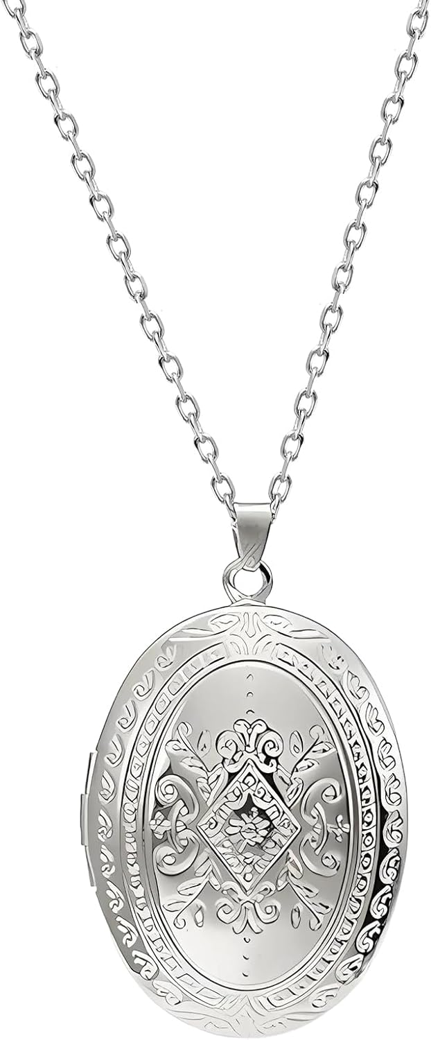 Locket Necklace for Women - Vintage Engraved Flower Photo Locket, Stainless Steel Picture Necklace for Birthdays Anniversaries