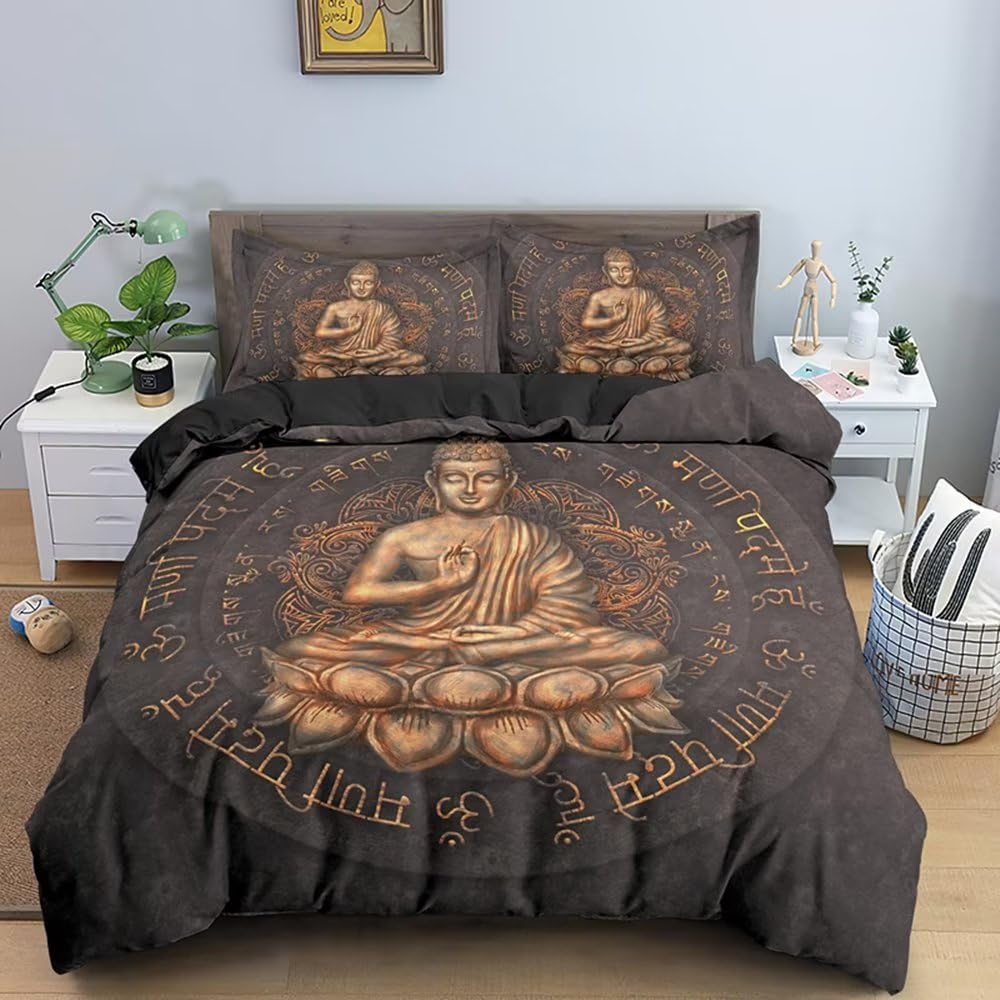 LoCzek Buddha zestaw pościeli na łóżko Super King, złote zestawy poszewek na kołdrę z zamkiem błyskawicznym, łatwa pielęgnacja, luksusowy zestaw pościeli z miękkiej mikrofibry, w zestawie 1 poszewka