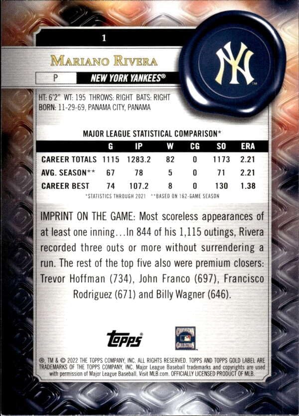 Miniatura 2 de 2022 TOPPS GOLD LABEL CLASS 2#1 MARIANO RIVERA NEW YORK YANKEES BASEBALL OFFICIAL TRADING CARD OF MLB