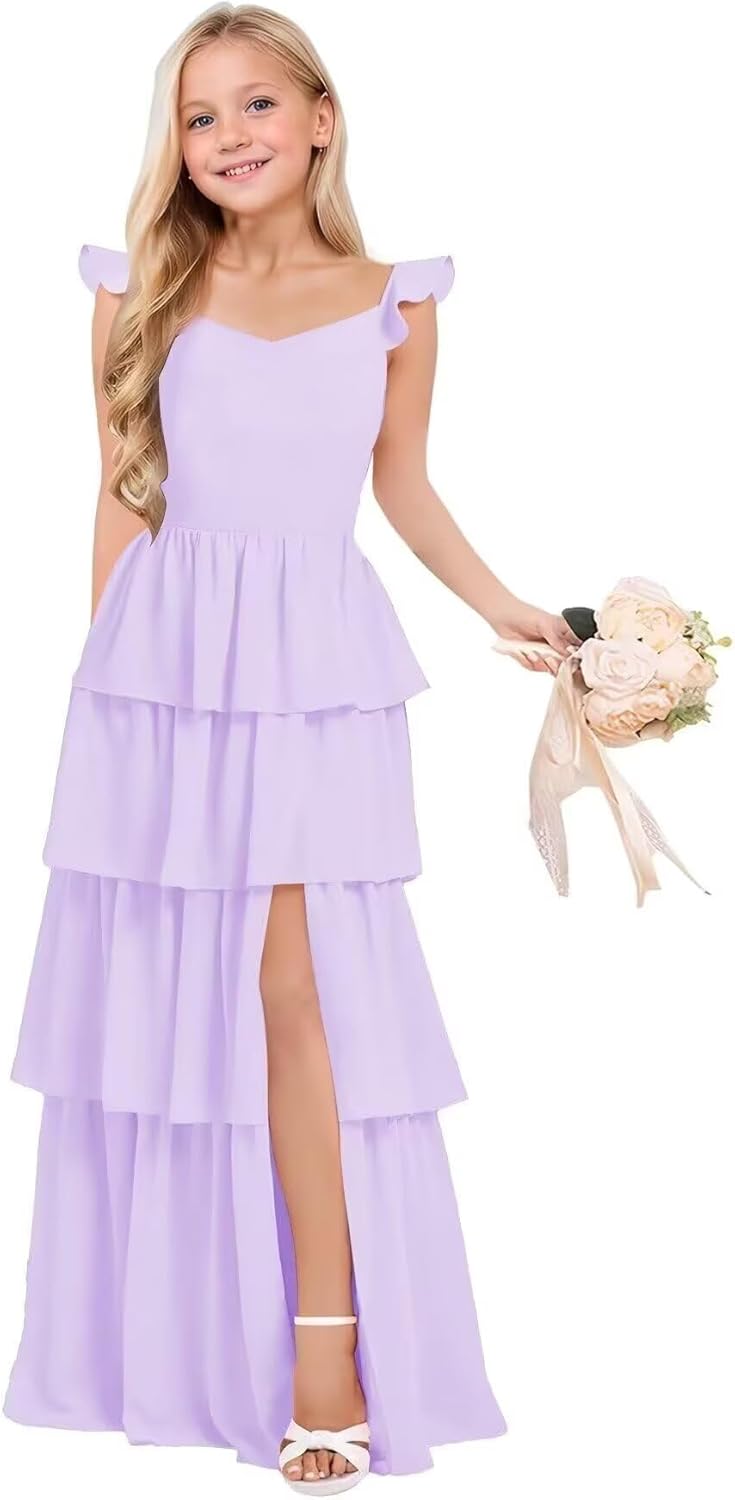 Flutter Sleeve Junior Bridesmaid Dresses with Slit Tiered Chiffon Flower Girl Dress Pageant Gown