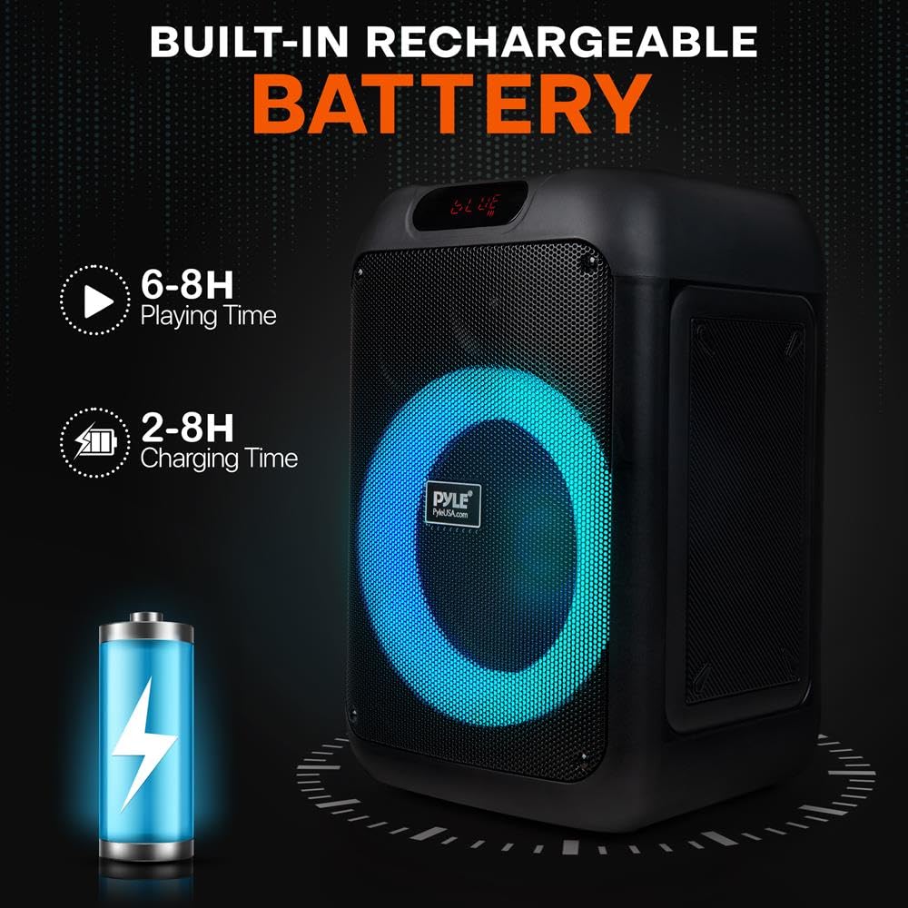 Pyle głośnik PA Bluetooth do karaoke 100 W z 8-calowym głośnikiem niskotonowym – regulacja echa, basów i wysokich tonów, port USB, czytnik kart SD, radio FM, wejście mikrofonowe i światła LED