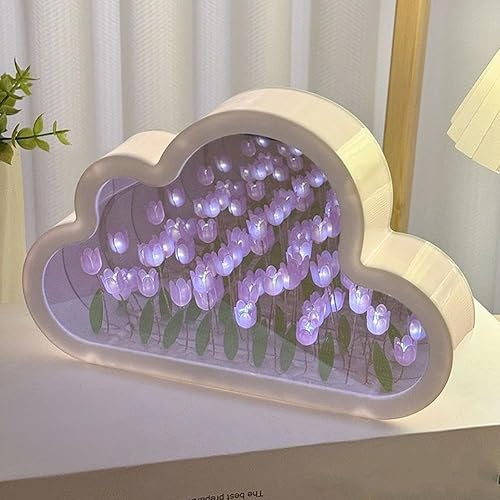 Tulip Night Light Mirror Cloud Lights,Simulation Flower Night Lamp,LED Handmade Simulated Tulip Table Lamp,DIY Tulip Cloud Mirror Night Lights for Bedroom,Creative Valentine's Day - Purple - 1pcs
