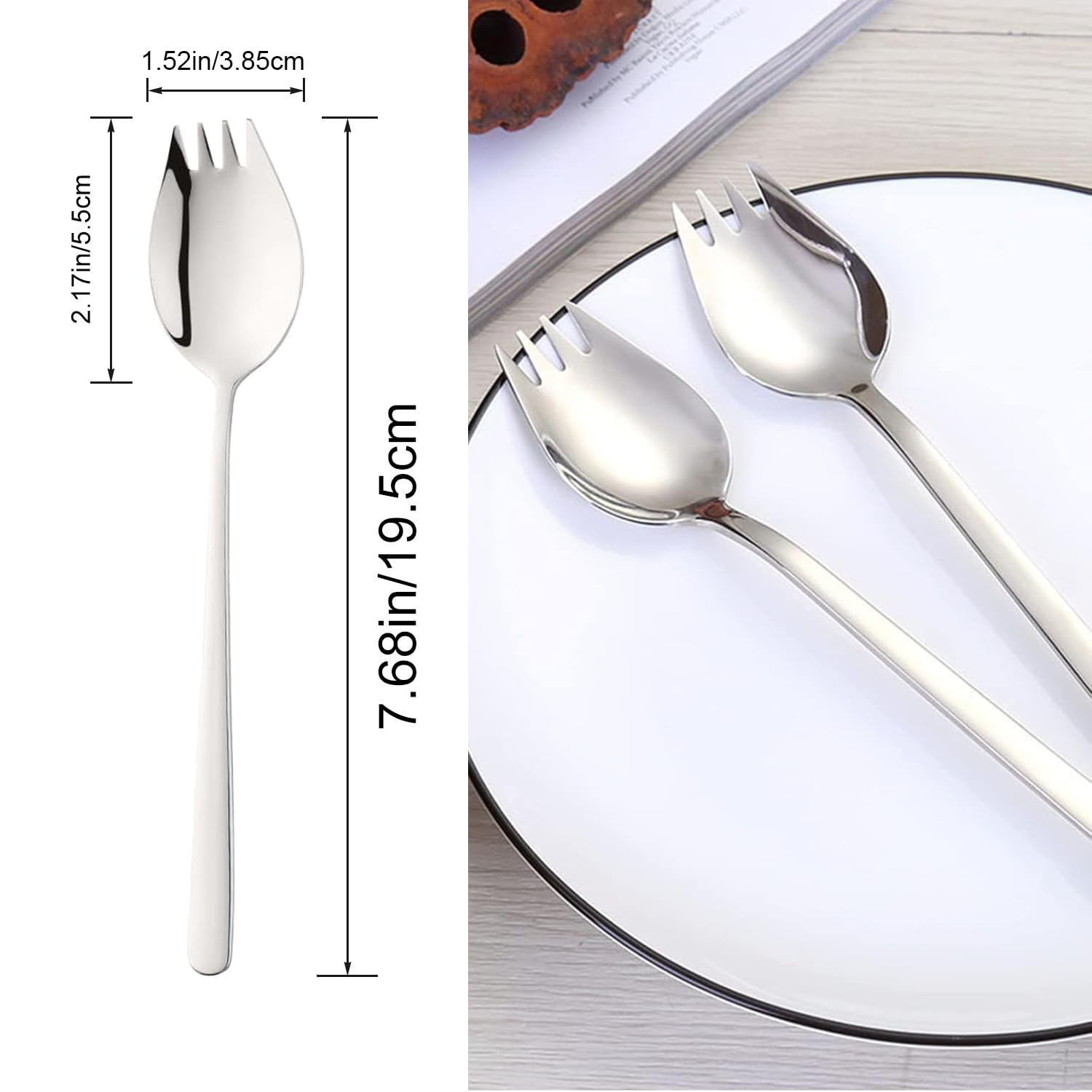 Lot de 6 fourchettes SUS304 avec manche long de 20 cm et fourchettes de buffet robustes, cuillère 2 en 1, fourchette à nouilles portable réutilisable, ustensiles multifonctionnels pour le camping, les