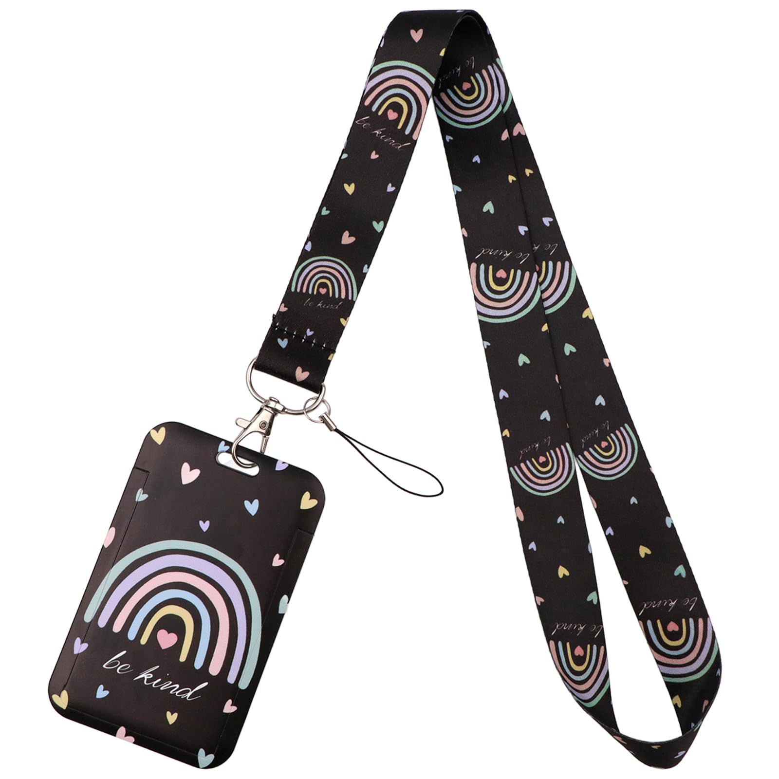Cute Rainbow Card Holder Lanyard for Keys & ID Badge Be Kind for Work & Preppy School ID Love Heart Black Keychain Lanyard ID Holder for Women Girls Kids Nurses Teachers — image 1