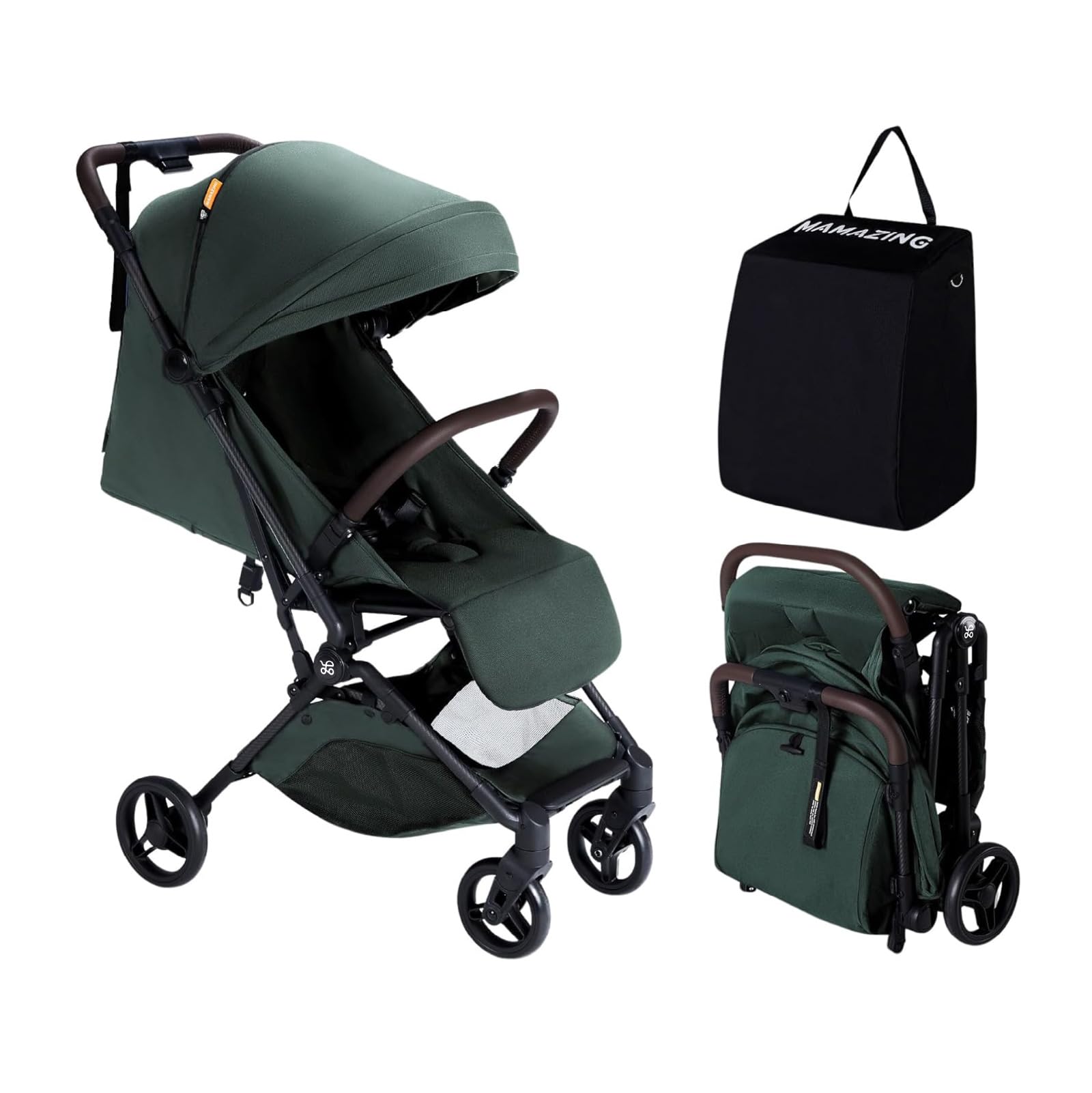 MAMAZINGLightweight Baby Travel Stroller with Carbon Fiber Frame, Compact & Airplane-Friendly, One-Handed Folding Design, 11.6 lbs, Perfect for Toddlers, Green