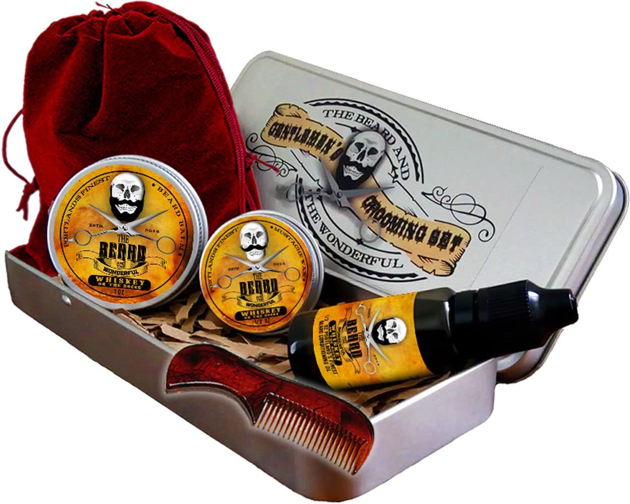 Metal Tin Packed Beard Grooming Kit for Men - Set of 6 Pieces with Premium Care Essentials - Beard Wax, Beard Balm, Beard Oil, Beard Comb with Gift Bag - Whiskey on the Rocks Scent