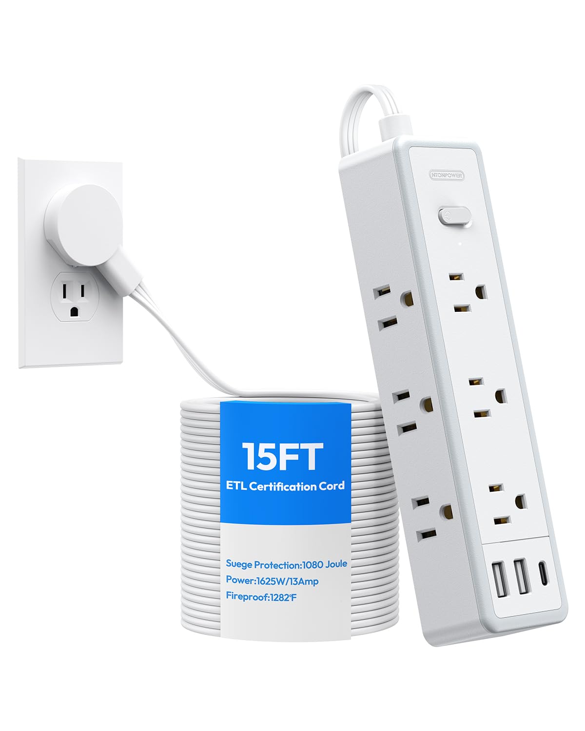 Flat Extension Cord 15 FT, Power Strip with 9 Widely Outlets and 3 USB (1 USB-C), Extension Cord with Multiple Outlets, 1080 Joule, Wall Mount, for