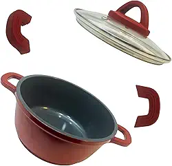 Panela Caçarola De Aluminio E Revestimento Cerâmico Tacho com Tampa em Vidro e Pegador em Silicone (Vermelho, 1,1L | 16cm)