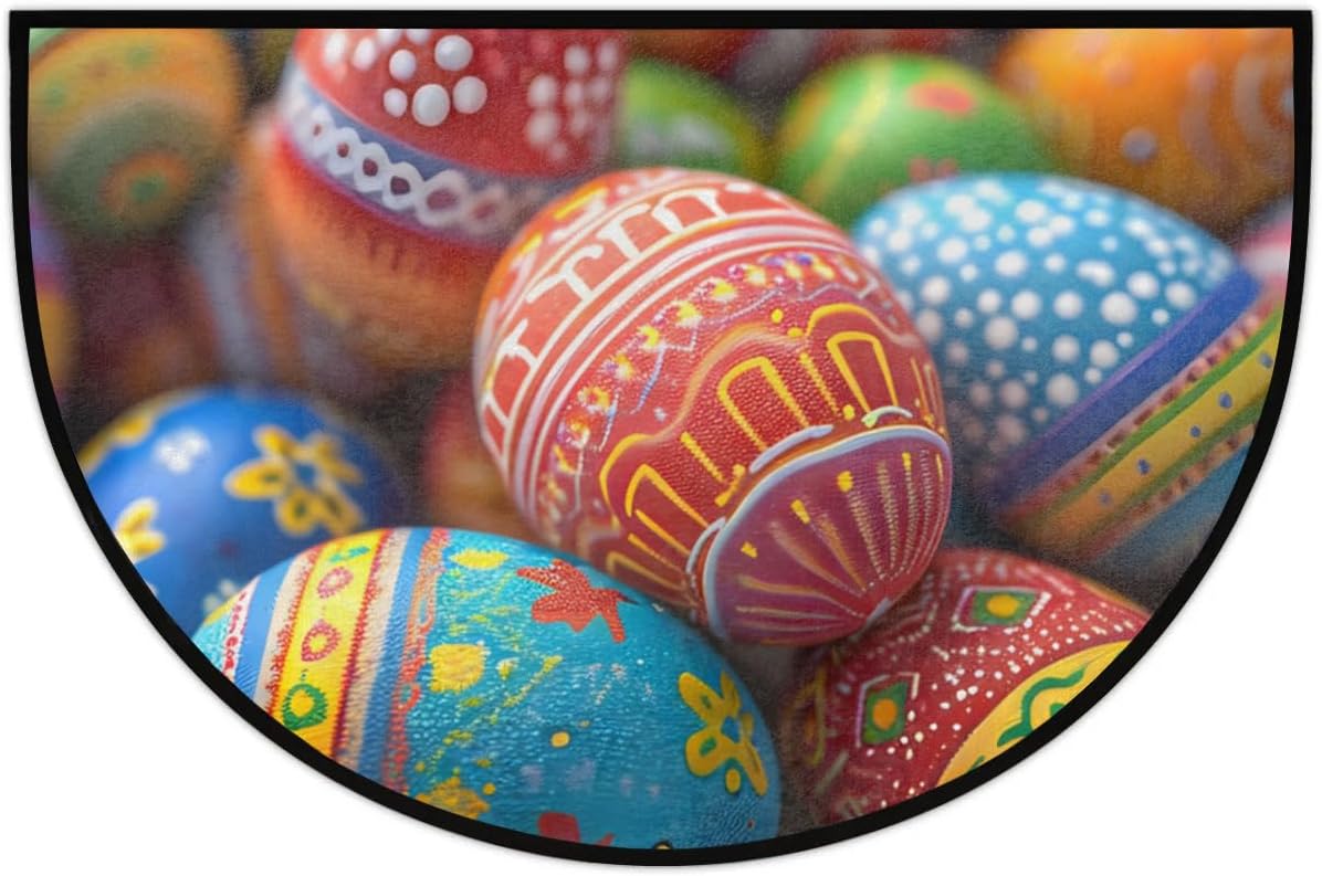 cfpolar Half Round Door Mat Easter Eggs Colorful Non-Slip Semi Circle Area Rug Washable Semi Circle Floor Rug for Indoor Outdoor Living Room Bathroom Kitchen Patio Hearth Rugs Home Decoration