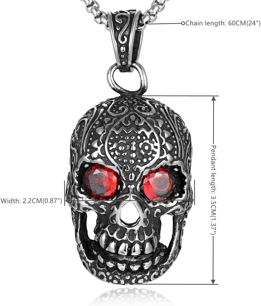 Vintage Sugar Skull Pendant Necklace Red Cubic Zirconia Eyes Steel for Men, 24 in Chain, Gothic Biker - Image 3