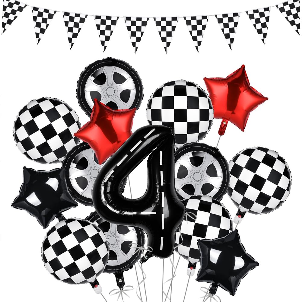 4th Racing Birthday Banner Balloon Set,Black and White Checkered Balloons,Race Car Wheel Tire Aluminum Foil Flag Balloon, Number 4 Foil Balloons for Boys Kids Birthday Party Decoration Supplies