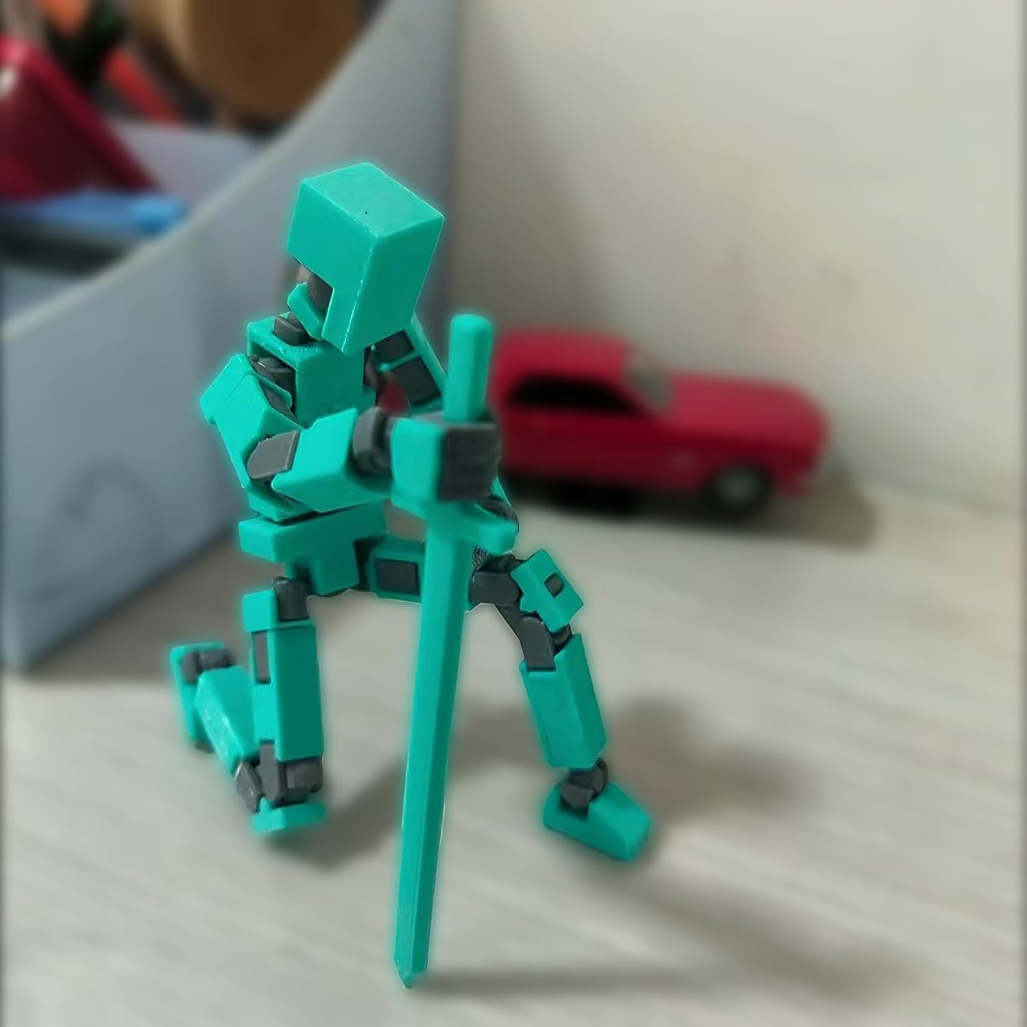 Multi-Jointed 3D Printing Action Figure - Full Body Mechanical Wind Toy, Artist Hand Painted (Turquoise, Stand, Five Hands Type, Sword Stick Gun, Armour)