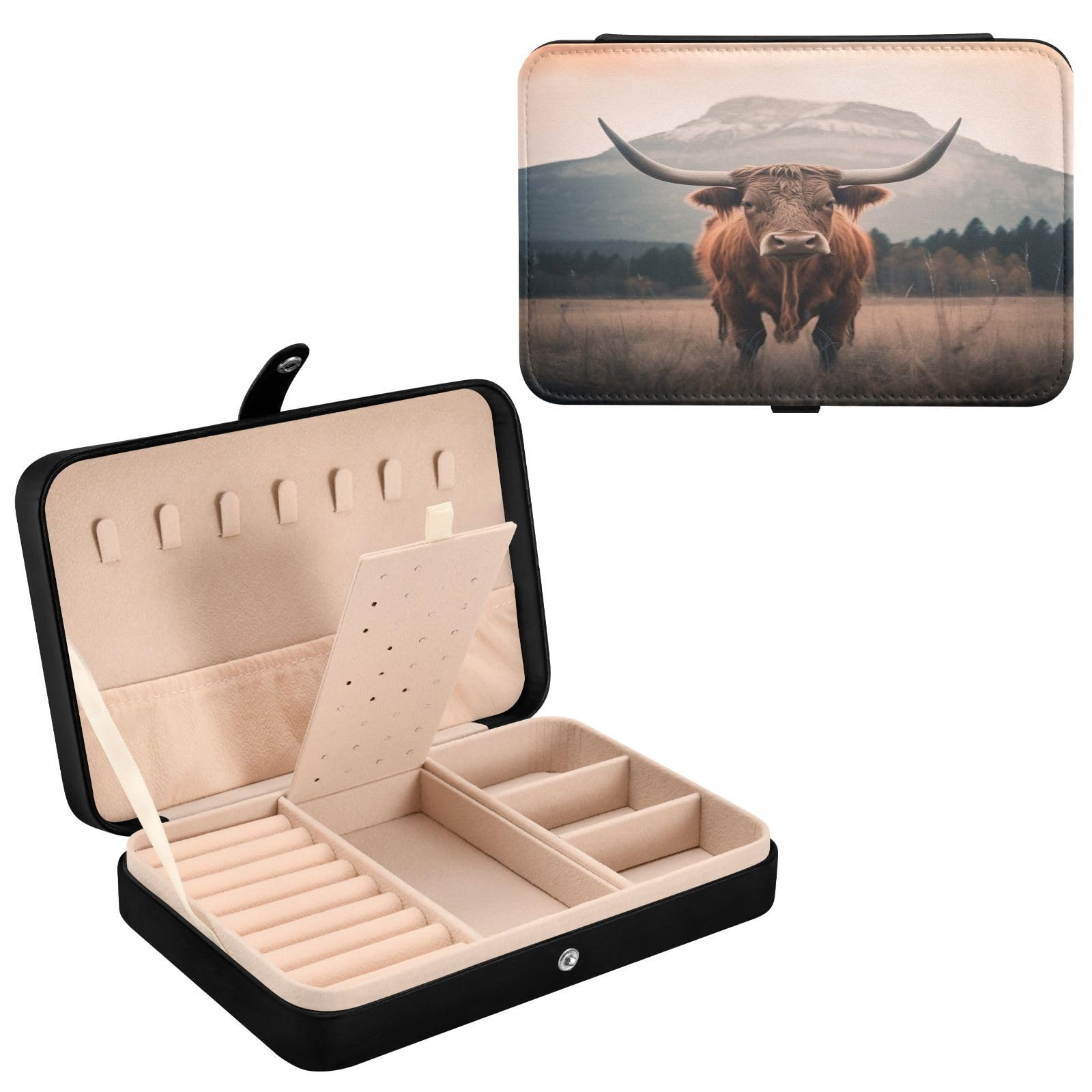 Haskirky Highland Cows Jewelry Box Portable PU Leather Travel Jewelry Organize for Women Jewelry Storage Display Holder for Ring, Necklace, Earring