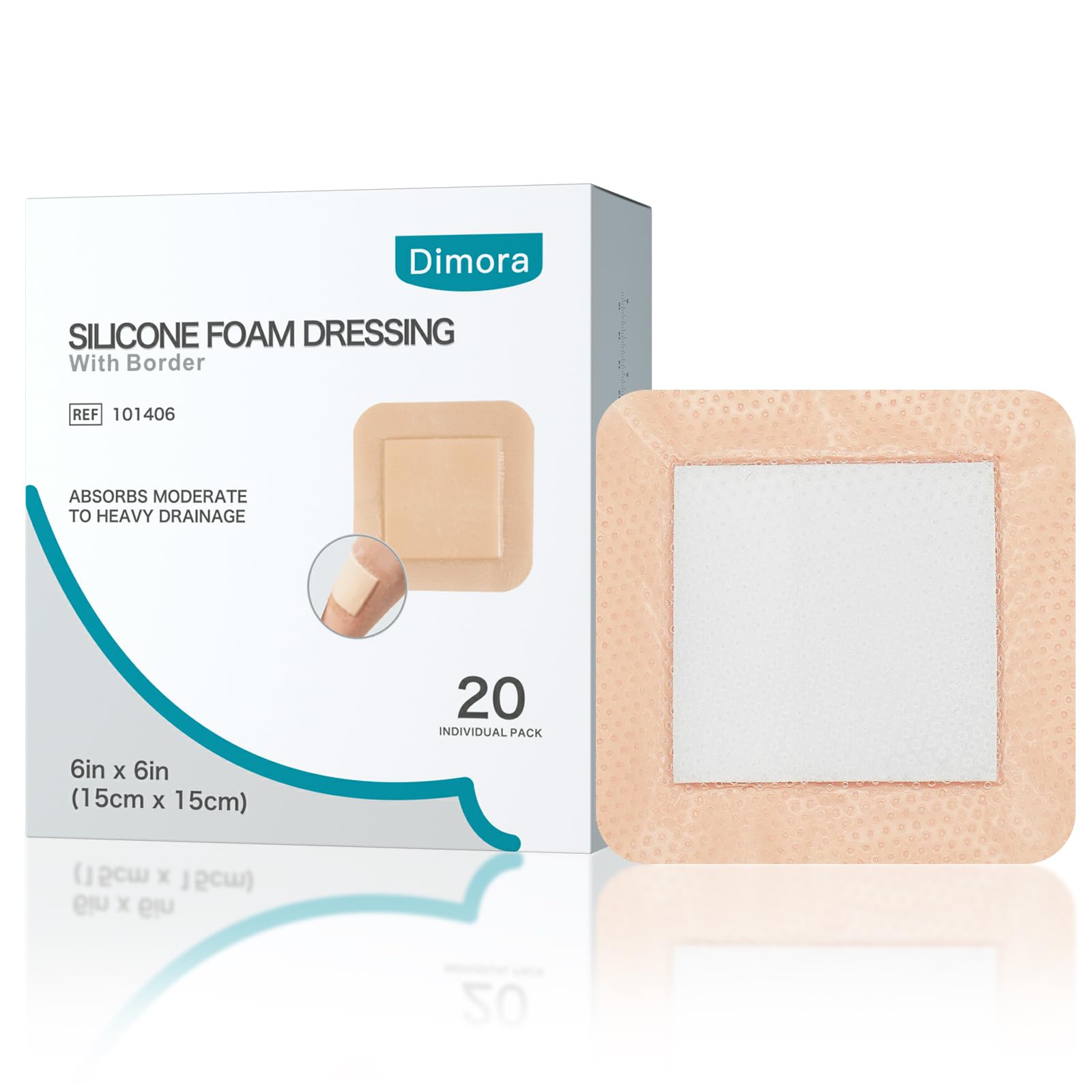 Dimora Silicone Foam Dressing with Border Adhesive 6"x6" Waterproof Wound Dressing Bandage for Wound Care 20 Pack