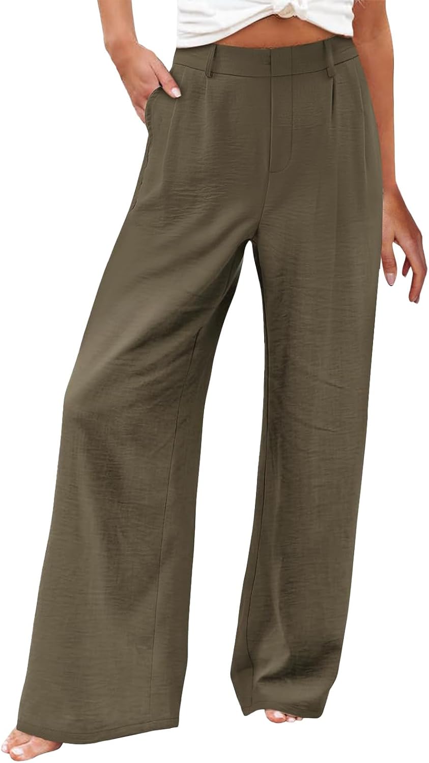 Qgaomye Women Linen Palazzo Pants Summer Wide Leg Elastic High Waist Lounge Pant with Pockets Boho Beach Vacation Outfits