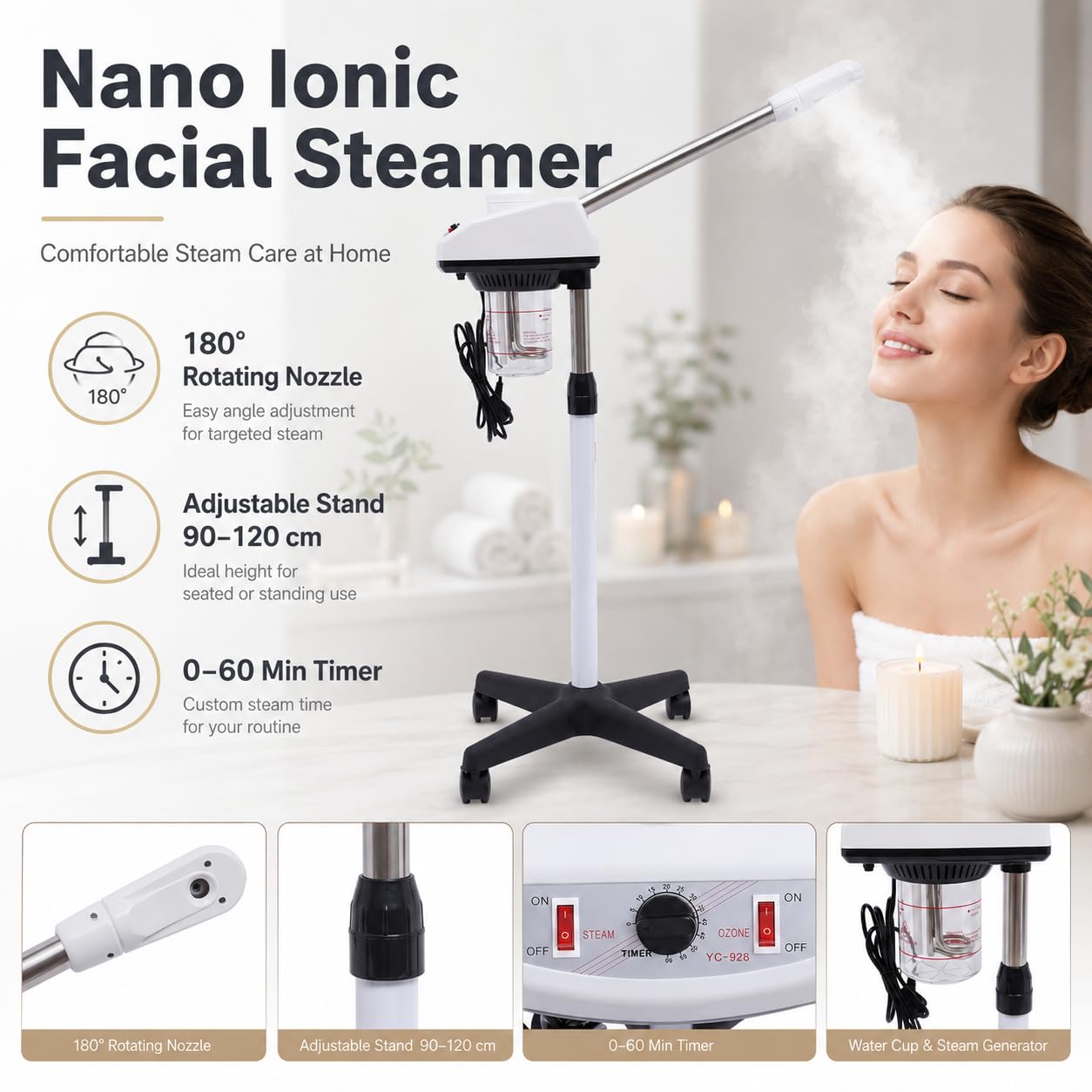 Vapozone Dampf, 750 W, Gesichtsdampf, mit Timer-Knopf und Rollen, Zerstäuber, professionell, elegant, höhenverstellbar, geeignet für Friseursalon, Schönheitssalon