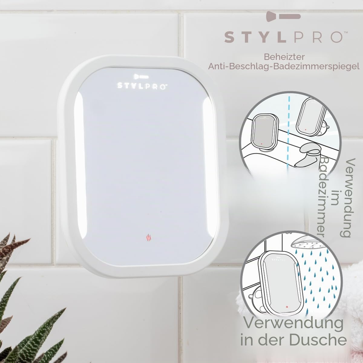 STYLPRO Anti-Beschlag-Spiegel: Beheizt, mit LED-Beleuchtung und Abstreifer. Macht Rasieren und Waschen in der Dusche einfach. Wasserfest, wiederaufladbar, Elegantes Design