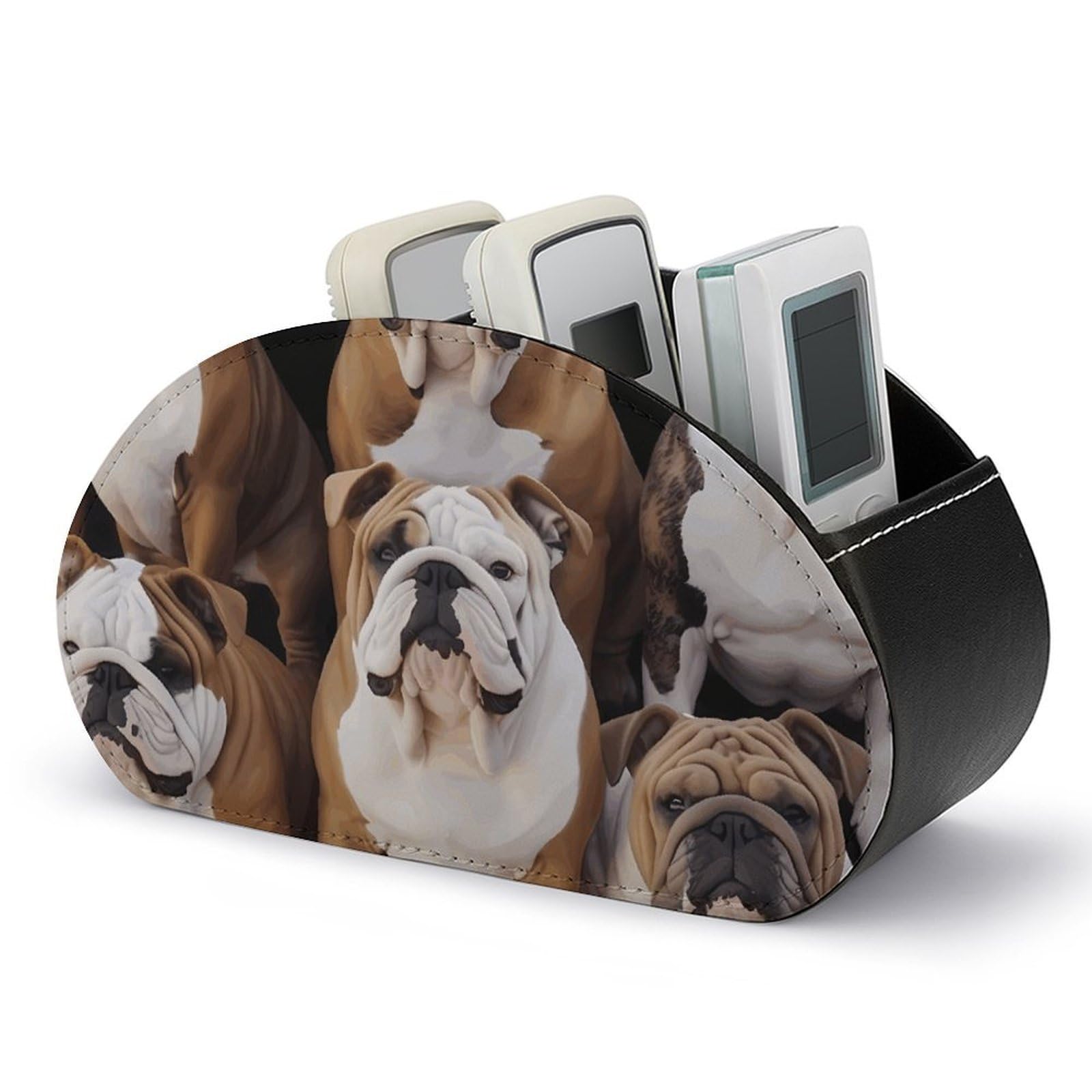 VstaDank English Bulldogs Remote Control Holder with 5 Compartments PU Leather Remote Caddy Desktop Organizer Store TV Remote Control Storage Box for Home Office Desk Nightstand