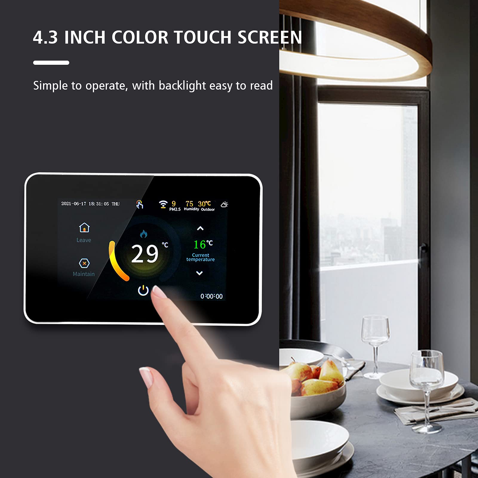 Digital Raumthermostat Fußbodenheizung WiFi Smart Thermostat, 4,3 Zoll LCD-Touchscreen, Wöchentlich Programmierbar, Wetteranzeige, Kompatibel mit Google Home/Alexa, APP Fernbedienung