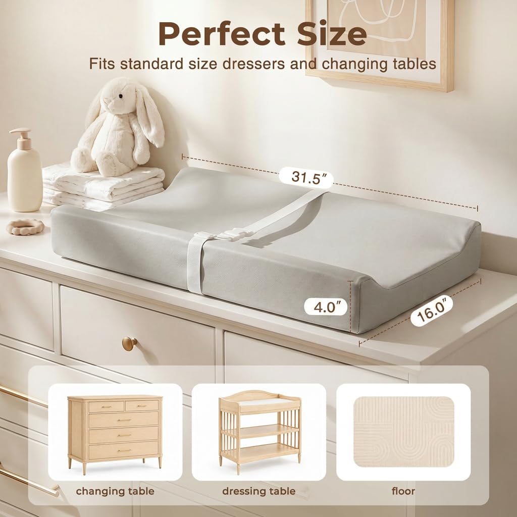 Baby Changing Pad, Includes 1 Waterproof Vegan Leather Cover & 1 Soft Velvet Cover, Standard Size Cozy Diaper Changing Pad with Non-Slip Bottom, Contoured Changing Pad for Dresser & Table, Grey