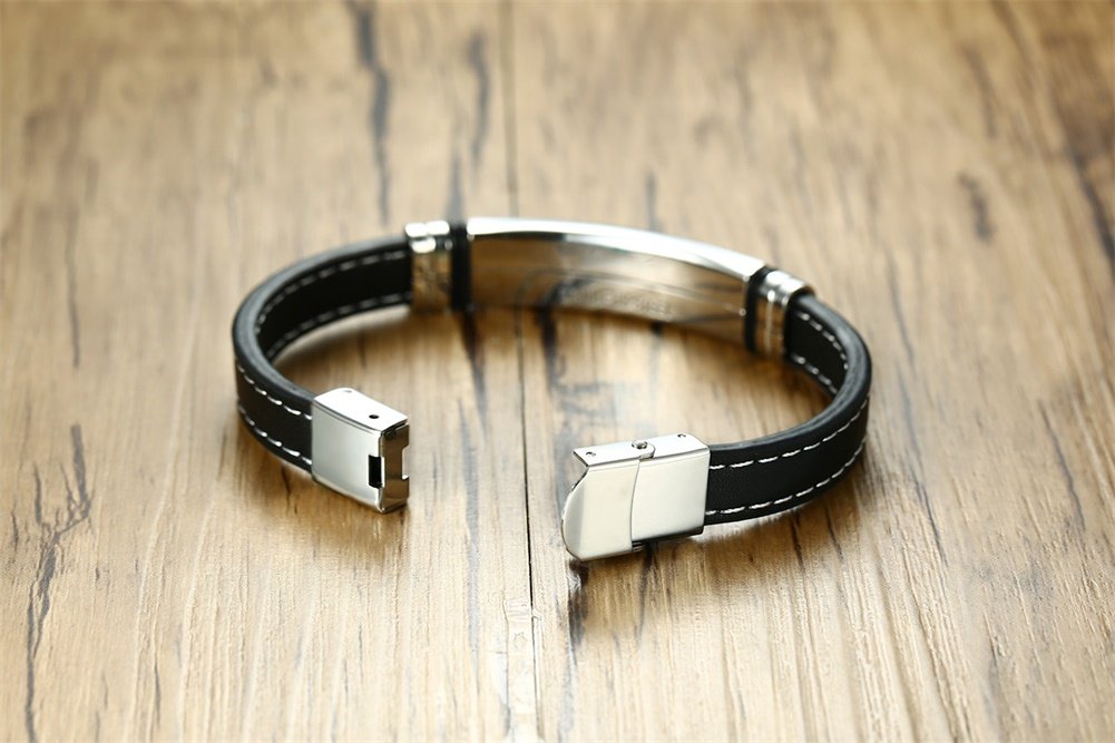 VNOX Pulsera Personalizada del Brazalete del Cuero Genuino Identificación Médica Alerta Acero Inoxidable,Grabado Libre