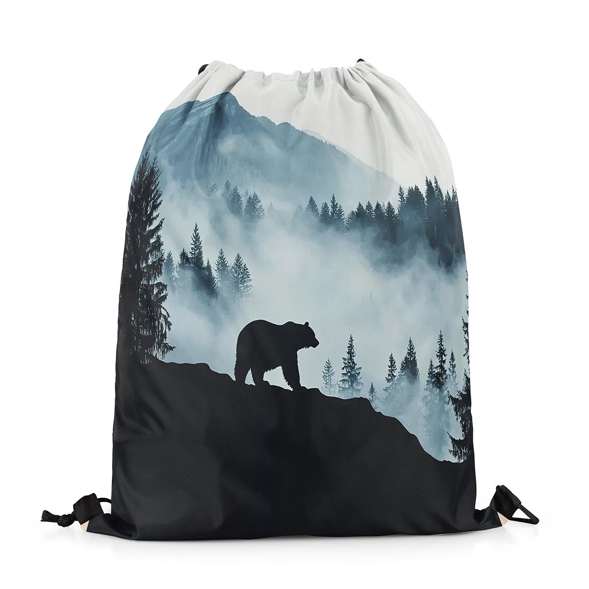 Homewish Hunting Bear Drawstring Bags,Rustic Cabin Animal Drawstring Backpack 33 x 40 cm for Sport Gym Swim Yoga Camping,Watercolor Trees Mountain Draw String Back Bag,Wildlife String Backpack