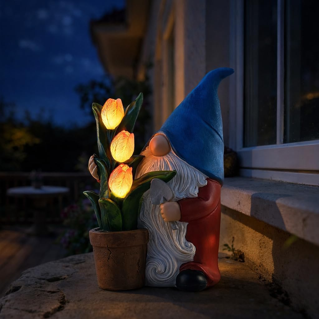 Solar Garden Gnome Statue with Flower Light, Resin Gnome Planting Flowers Outdoor Decor, Waterproof Solar Powered Gnome for Yard, Lawn, Patio, Fairy Garden, 8.9"