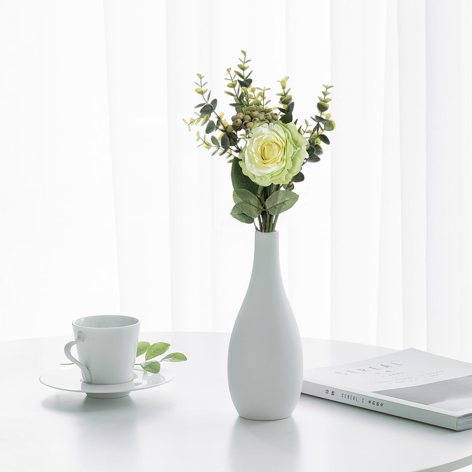 Centrotavola Con Fiori Artificiali In Vaso - Rosa Bianca, Ortensia, Eucalipto - Altezza 30,5 Cm - 5