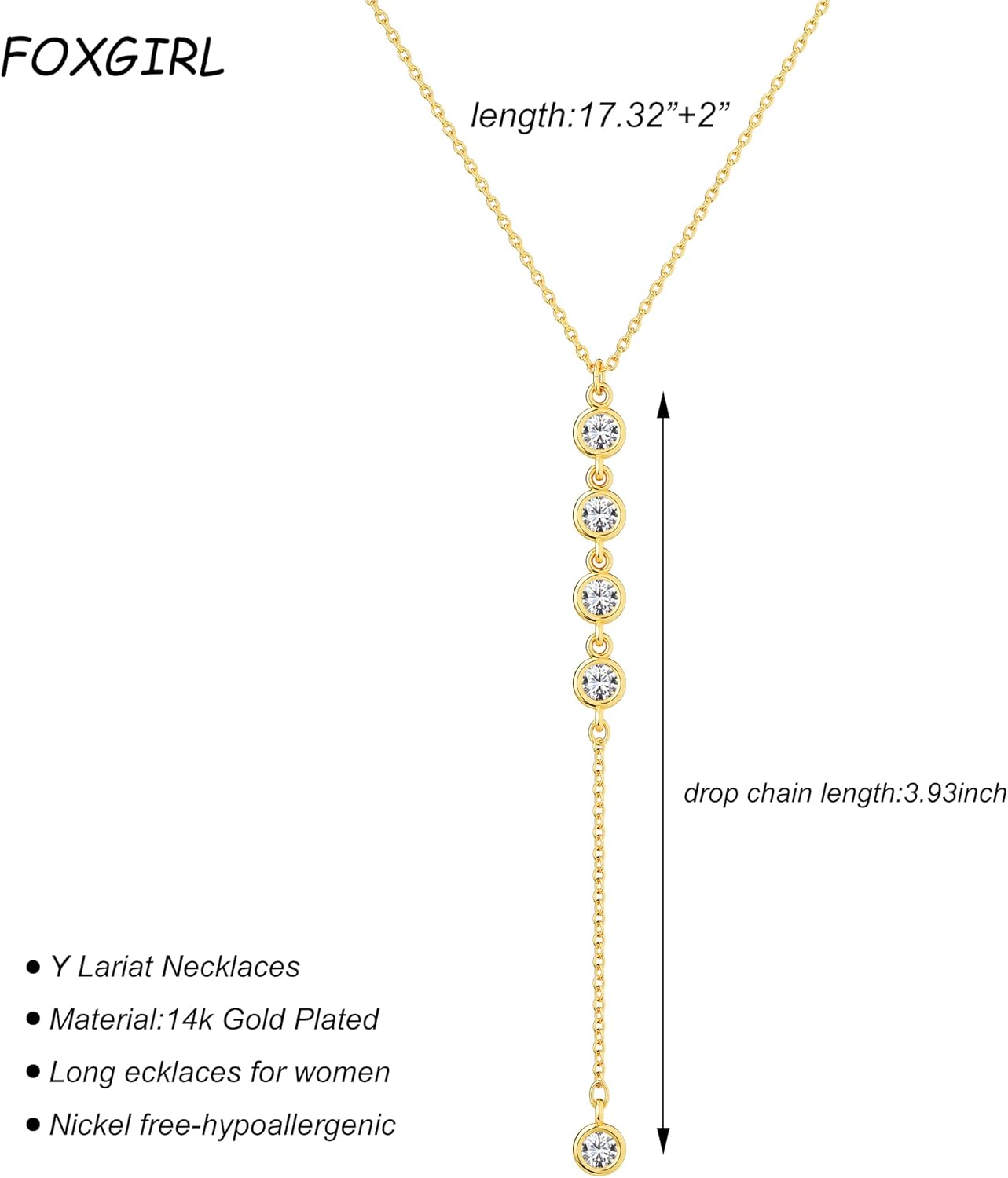 Foxgirl Lariat Gold Necklace for Women, Dainty Long Necklace 14k Gold Plated/Silver Y-Shaped Pendant Necklace Trendy Layered Cz Beaded Chain Drop Necklaces Simple Gold Jewelry For Women Gift - Image 5