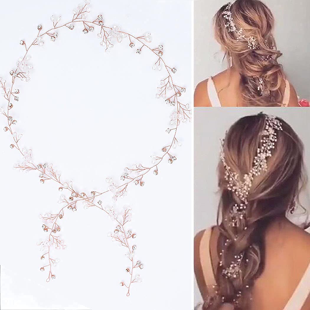 Yean Wedding Hair Vine Long Bridal Headband Hair Accessories for Bride and Bridesmaid (100cm / 39.3inches) (Rose gold)