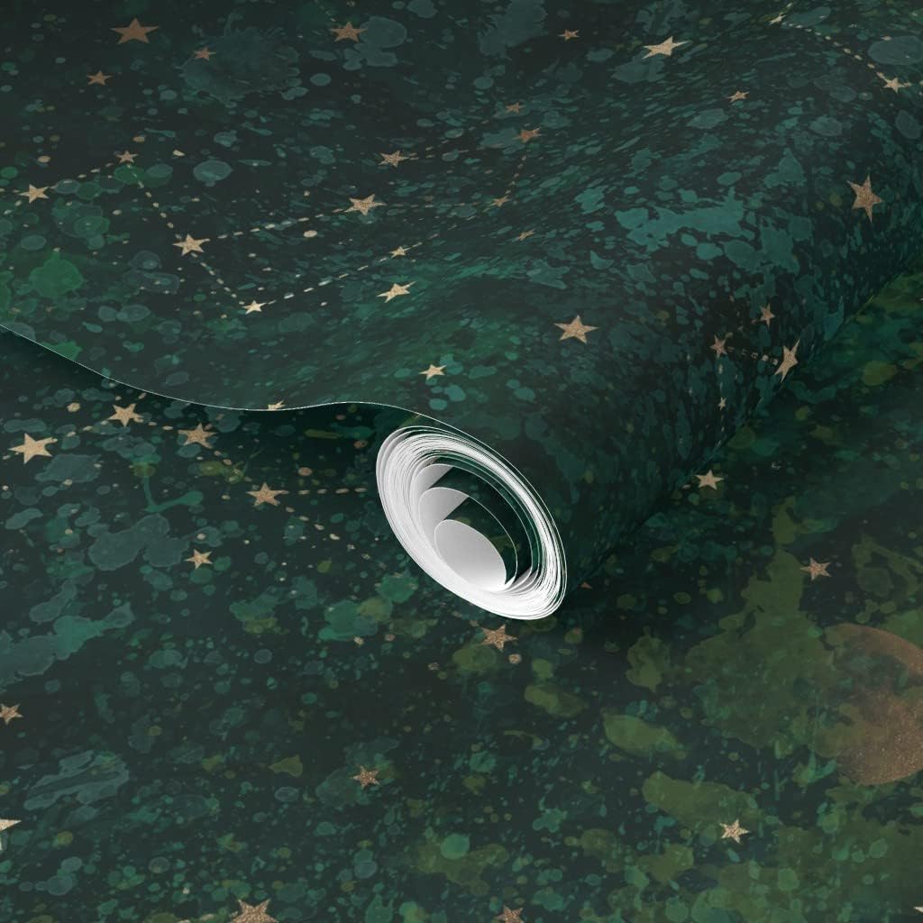 Spoonflower Removable Wallpaper 3ft x 2ft - Dark Green Moon Stars Bohemian Star Night Celestial Custom Pre-Pasted Wallpaper