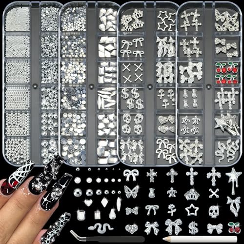 OPMADM 4 Boxes Silver Nail Charms and Gems Y2K Silver Charms for Nails Design Rhinestones Caviar Beads Cross Star Bow