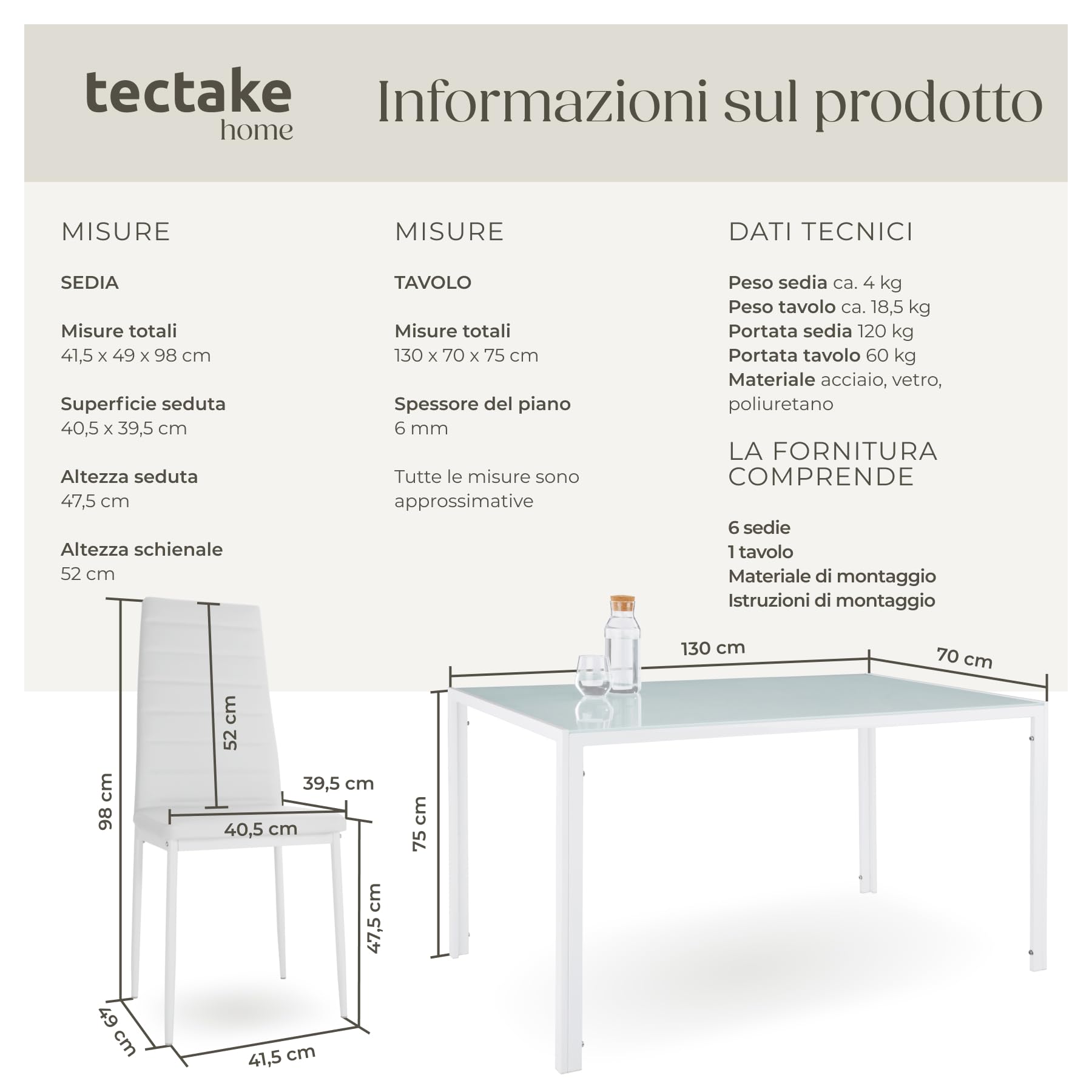 TecTake® Set di Mobili per Sala da Pranzo, 6 Sedie in Similpelle Resistente, Tavolo con Piano in Vetro, Design Moderno, Piedini SalvaPavimento, Ideale per Cucina e Soggiorno - Bianco